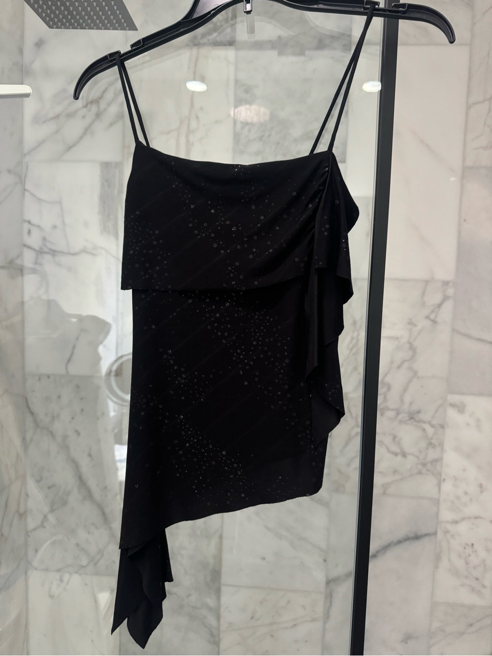 Weather Vane Vintage Black Asymmetric Ruffle Spaghetti-Strap Top with Sparkles